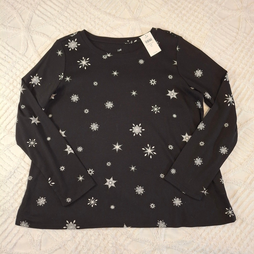 J. Jill Large Petite Long‎ Sleeve Pima Crew-Neck Tee Black Snowflake Print NWT